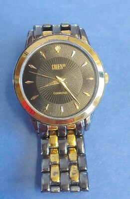 Vintage Gruen 2 Diamond Mens Quartz 2 Tone Watch.  Japanese Movt. Textured Dial