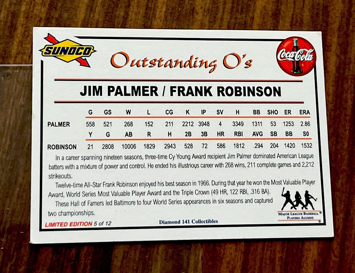 2001 Sunoco Coke Dream Team # 5 Jim Palmer / Frank Robinson Baltimore Orioles