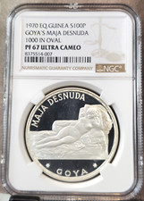1970 EQ GUINEA SILVER 100 PESETAS GOYAS MAJA DESNUDA NGC PF 67 ULTRA CAMEO GEM
