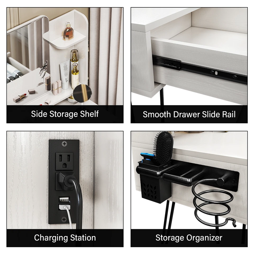 TC-HOMENY Juego de tocador de maquillaje tocador con espejo y central eléctrica y taburete Foto 3 de 4