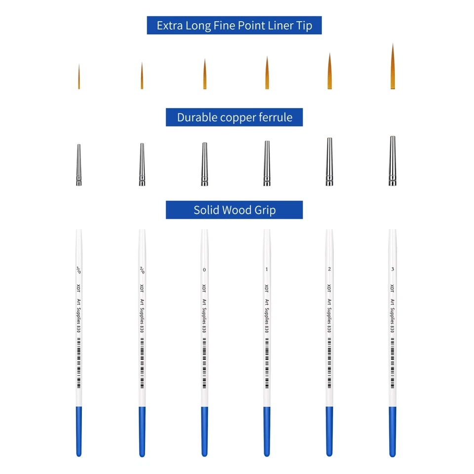 XDT#830 Ex-Long Tip Rigger Art Brush 6Pc #000#00#0#1#2#3 Acrylic Oil Watercolor - Image 4 of 4