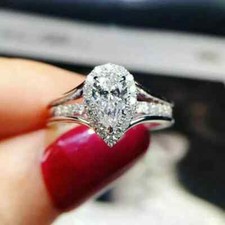 2Ct Pear Cut Lab-Created Diamond Halo Engagement Ring 14K White Gold Plated