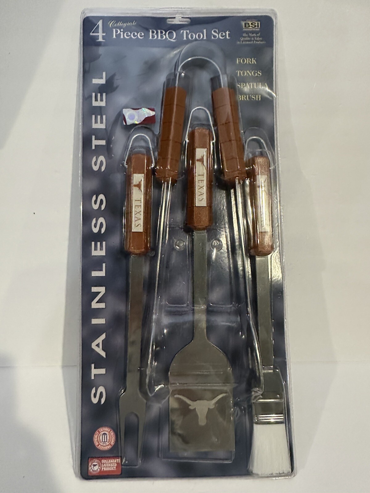 TEXAS LONGHORNS COLLEGIATE OFFICIAL LICENSED 4 PIECE STAINLESS STEEL BBQ SET NEW