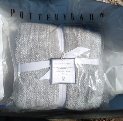 NWT POTTERY BARN Gray XL 68X86 TWIN Chunky Chenille Tassel Bed Blanket Throw