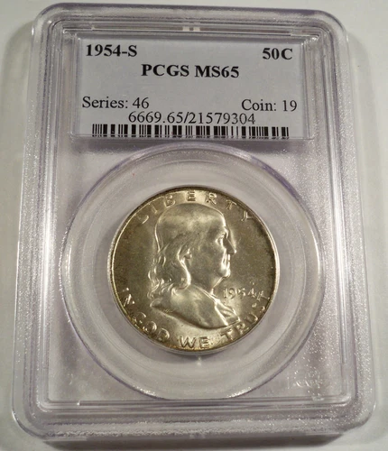 1954-S 50c PCGS MS65 FRANKLIN HALF SILVER VERY LIGHTLY TONED MS 65