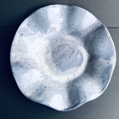 Large Pottery Scalloped Edge 11  Lt Blue Specked Console Dish Bowl