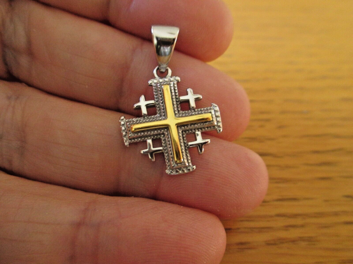 Pendentif Croix De Jérusalem En Argent Sterling Et Or - Serti Rubis - Neuf Avec étiquettes, Style Religieux