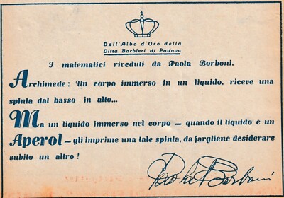 ADVERTISEMENT 1931 APEROL BARBIERI PADOVA PAOLA BORBONI MATHEMATICI ARCHIMEDE