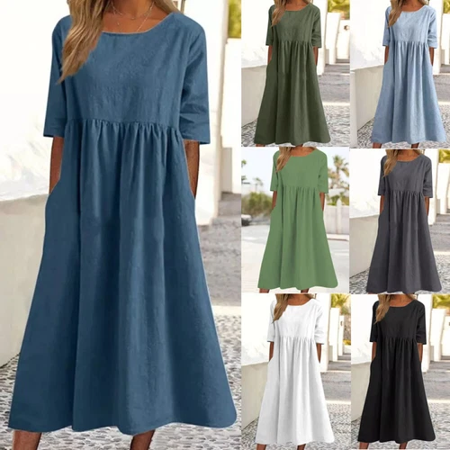 Womens Short Sleeve Pleated Midi Dress Ladies Casual Baggy Solid Swing Dresses##