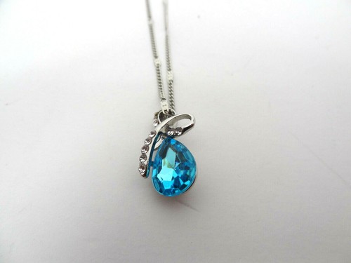 Sapphire Blue Crystal Pendant Necklace White Gold Plated Womens Fashion Jewelry - Picture 5 of 10