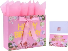 13" Pink Gift Bags Set with Card & Tissue, Roses & Gold ‘Happy Birthday’ Design