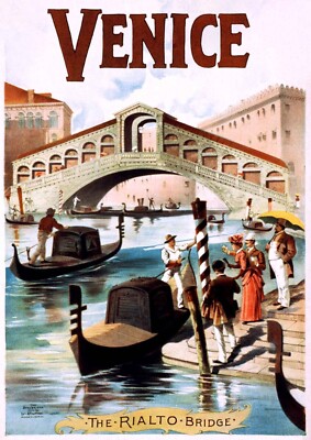 Venedig Italienische Stadt POSTER DRUCK A5A2 1891 Rialtobrücke Gondel Vintage Wandbild