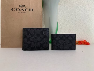 NWT COACH CW380 Men's 3-In-1 Wallet In Signature Canvas&Leather Charcoal Black