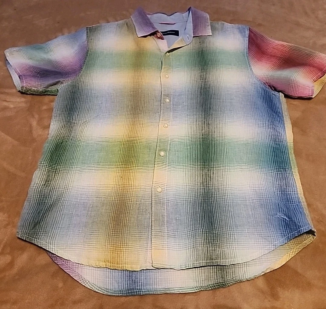 Tommy Bahama mens Linen button shirt LARGE Colorful short sleeve