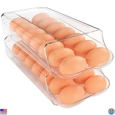 theaoo 2-Pack Clear Plastic Egg Holder - Automatic Rolling Dispenser & Organizer