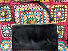 Black Leather Top Handle Rectangle Bag Gold Clasp Suede Lined Inner Zip Pocket