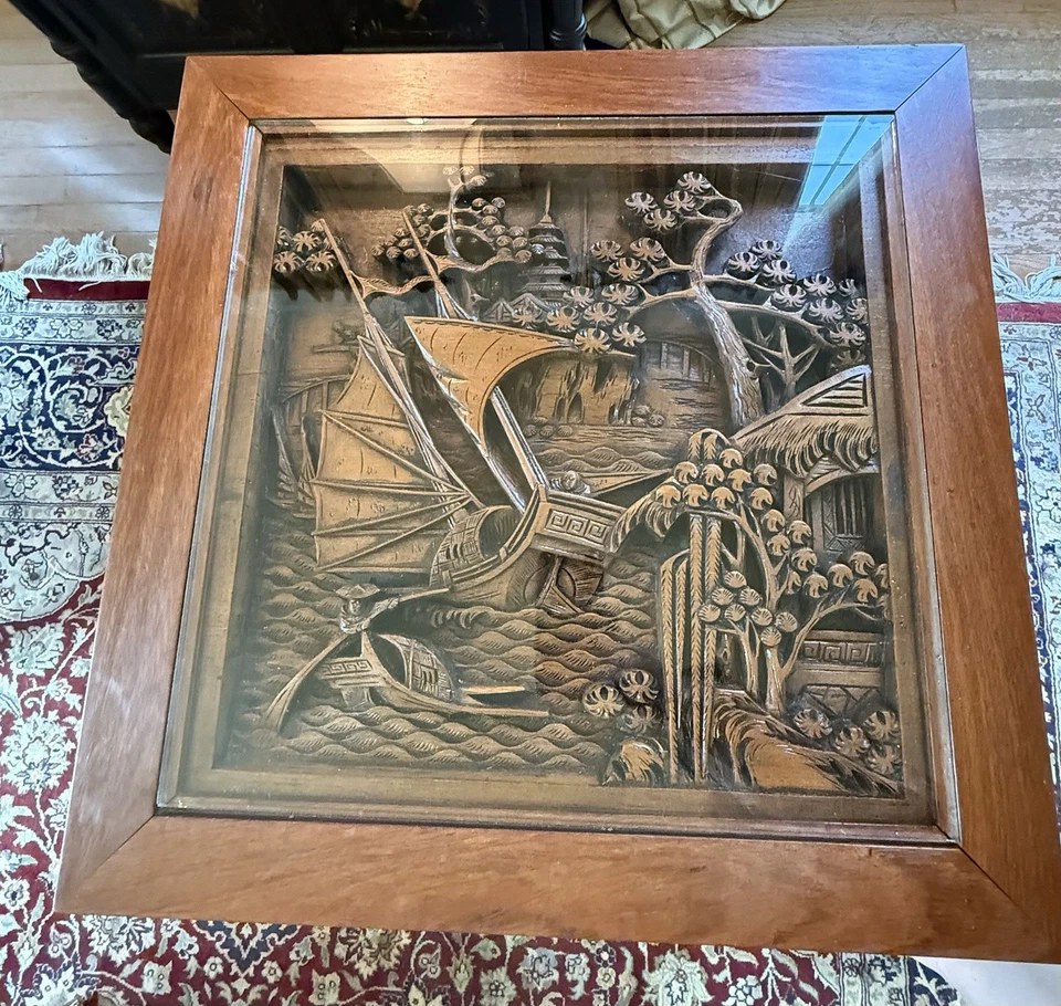 Juego de mesa vintage chino asiático tallado profundo marrón. Juego de madera tallada a mano vintage Foto 3 de 4