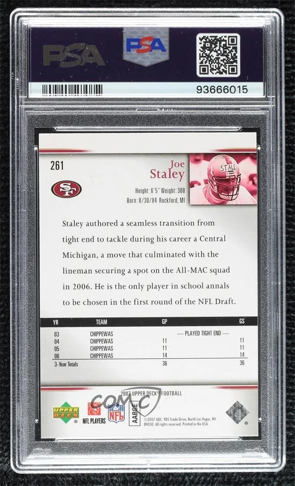 2007 Upper Deck Star Rookie Rookie Exclusives Joe Staley #261 PSA 8 RC - Image 2 of 2