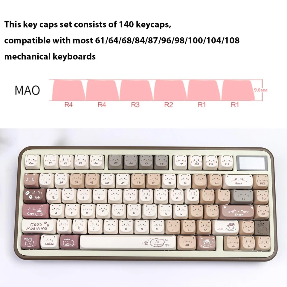 140keys PBT Keycaps Cute Brown Keycaps Dye-Sublimation Cat Keycap Mao Profile... - Image 4 of 4