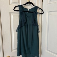 Free People Ruffle Trim Mini Dress Women’s Sz 4 Jade Green Sleeveless Pockets