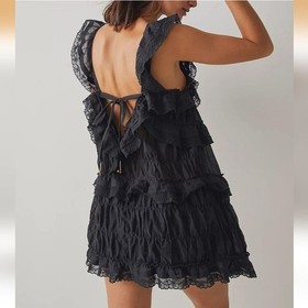 Gacaky Lace Trim Mini Ruffle Flowy Black Babydoll Dress Romper Built-in-shorts