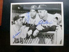 Lou Boudreau, Johnny Sain & Enos Slaughter Signed 8 x 10 B and W Photo with COA