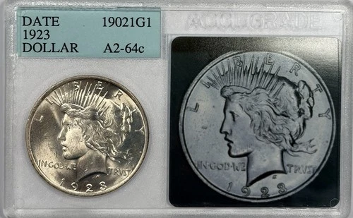 1923 Peace Silver Dollar - Accugrade Photo - BU - Old Vintage Holder 64c Luster+