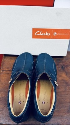 Clarks Unstructured Navy Leather Slip-On Flats Round Toe Button US 10 M
