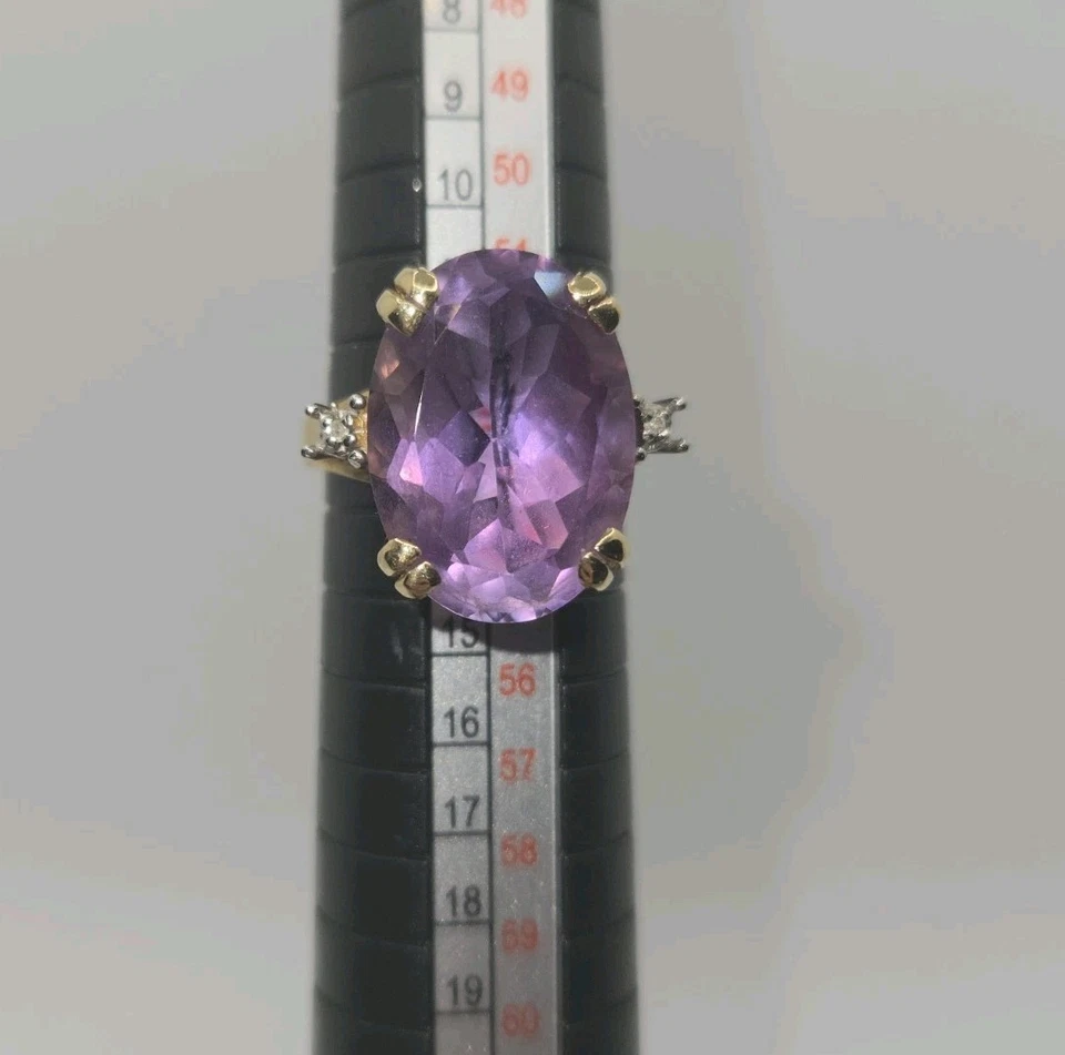 Anel de coquetel ouro amarelo 10K 10 quilates ametista e diamante tamanho 7 declaração  - Imagem 4 de 4