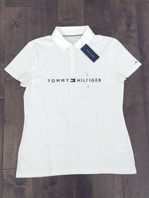 NWT Tommy Hilfiger Women White Spell Out Polo Shirt Classic Fit Size M Flag Logo