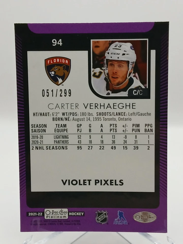 2021-22 O-Pee-Chee Platinum Hockey #94 Carter Verhaeghe Violet Pixels /299 - Image 2 of 2