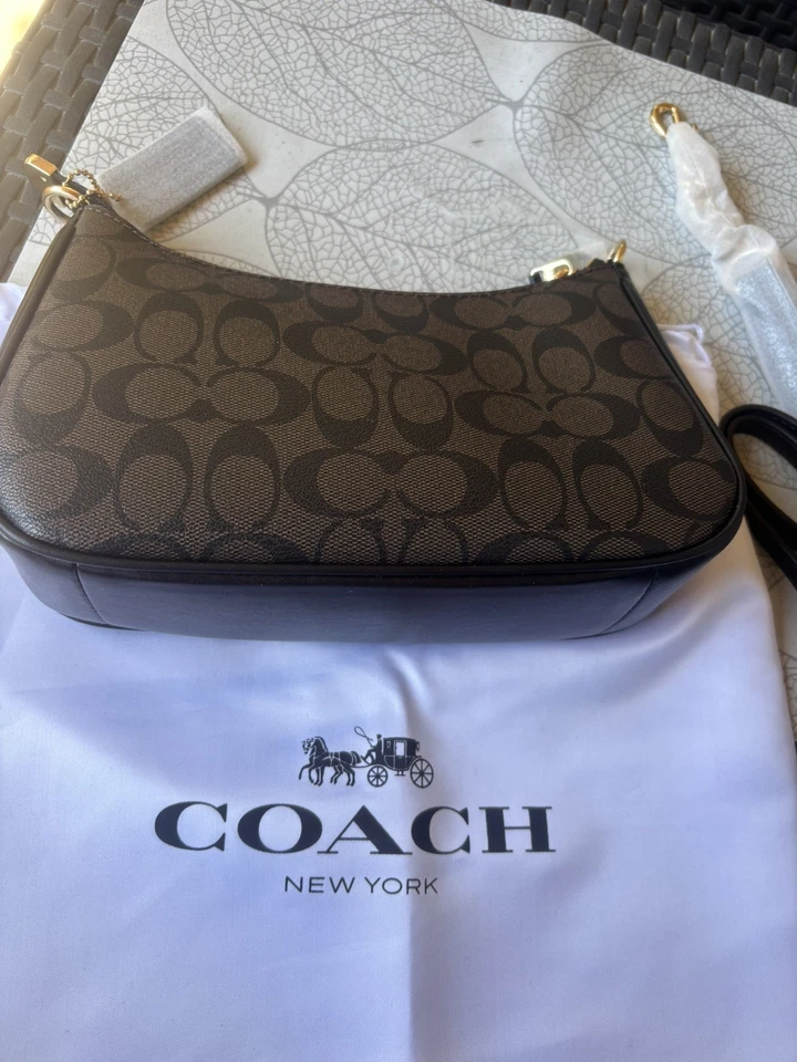 Coach sac bandoulière cuir/toile marron logo, sangle amovible, zip, dust bag - Photo 2/2