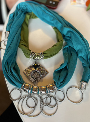 LOT of 2 ~ fabric  Scarf with  Silvertone Pendant accents. one long one shorter