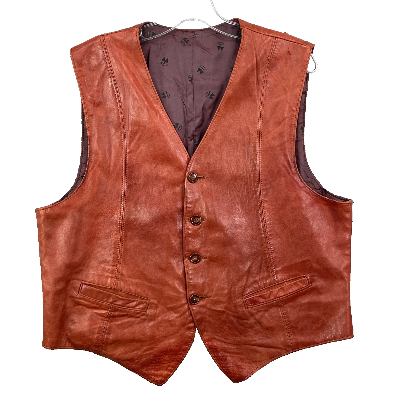 VTG Lambskin Leather Vest Men 44 Burnt Orange Moto Biker Western 70s Cowboy Hunt