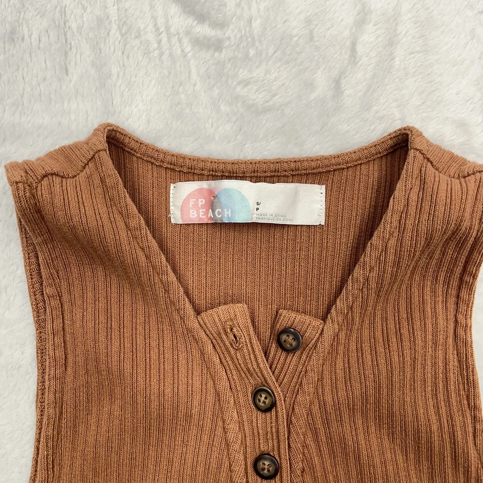 Free People FP Beach Sleeveless Dress Sweater Ribbed Henley Brown Size Small - Image 3 of 4