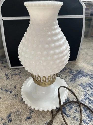 Vintage White Milk Glass Hobnail Electric Dresser Lamp