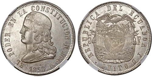 ECUADOR. 1858 GJ AR 5 Francos. NGC MS65.  Flag-draped arms / Head left. KM 39