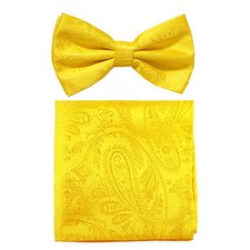 New formal Men's polyester pre-tied bow tie hankie paisley yellow wedding