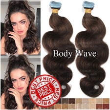 THICK Tape In Russian Remy Human Hair Extensions Glue Skin Weft Body Wave Brown