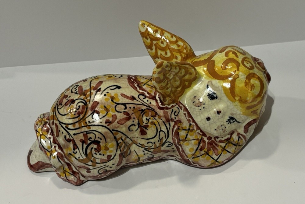 Vintage Italian Pottery Baby Cherub Angel Caltagirone Figurine Orange Red Tones