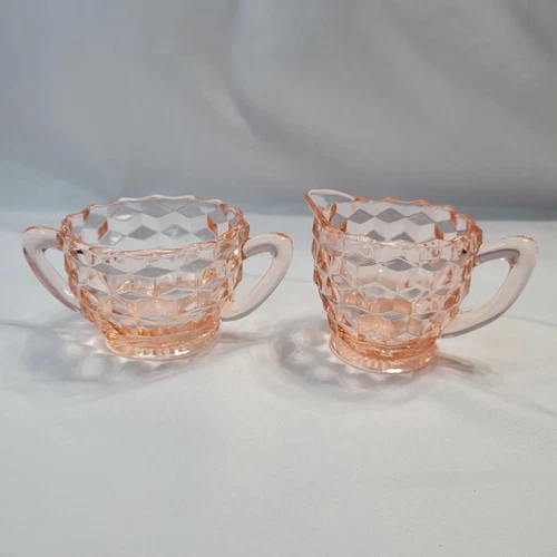 Pink Depression Glass Jeannette Cube / Cubist Creamer and Sugar