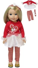 Candy Cane Dress, Leggings & Hair Bow fits 14" Wellie Wishers Doll Clothes