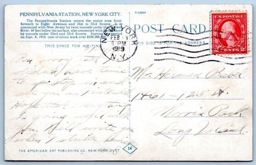 1919 PENNSYLVANIA RAILROAD PENN STATION NEW YORK CITY NYC POSTCARD - Picture 2 of 2