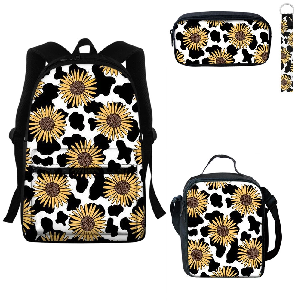 Sunflower Print Backpack School Bag Set Pencil Bag Food Lunch