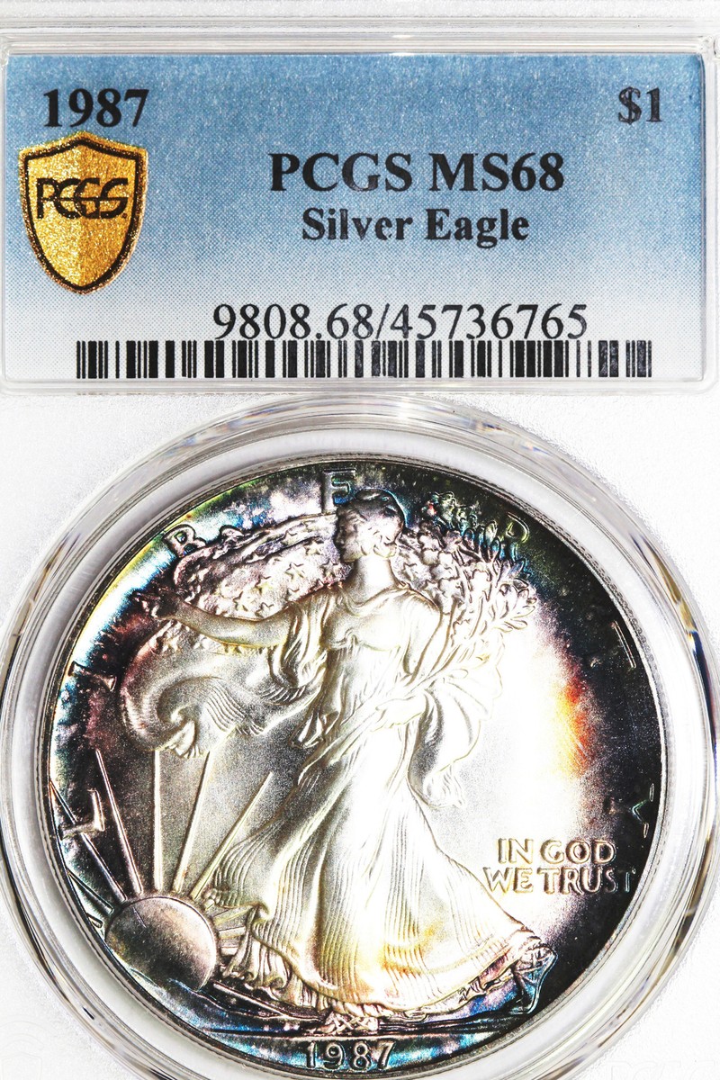 1987 Rainbow Toned American $1 Silver Eagle 1 oz. Fine 999 PCGS