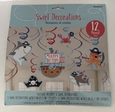 12 pc Swirl hanging party decorations pirate ship sharks crabs hat birthday