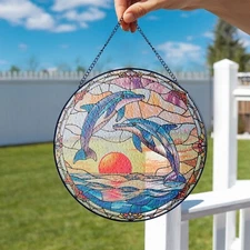 Cute Dolphin Couple Suncatcher Stained Glass, Suncatcher Dolphin Couple Gift