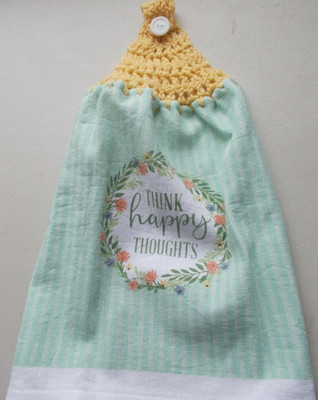 YELLOW Yarn Crochet Top THINK HAPPY THOUGHTS  Print Cotton Kitchen Towel