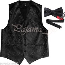 Black Paisley Vest Waistcoat  Bow tie Formal Wedding Prom Tuxedo Suit