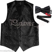 Black Paisley Vest Waistcoat & Bow tie Formal Wedding Prom Tuxedo Suit 